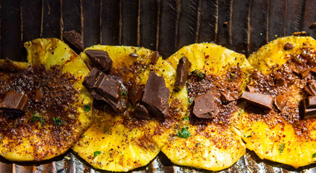 Grilled Pineapple with a Crushed Ginger, Black Pepper, Mint and Dark Chocolate Gremolata.