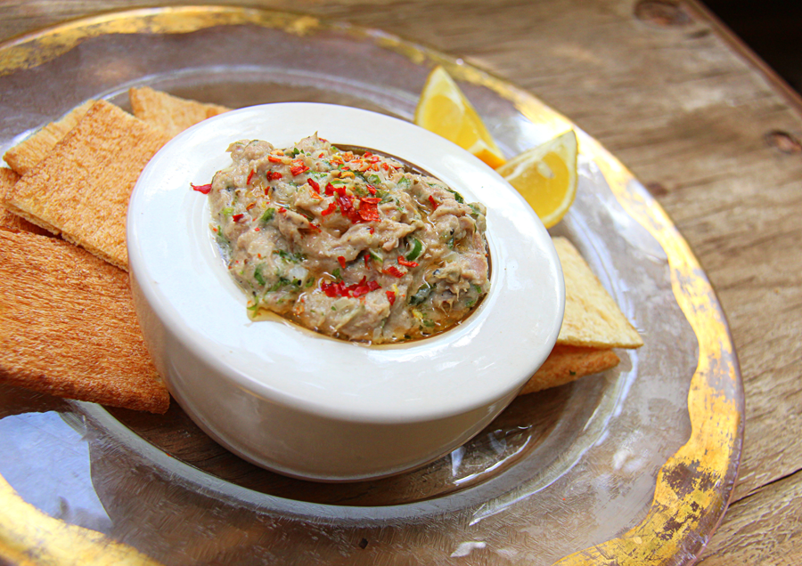 Fresh Tuna, Preserved Lemon and Black Olive Pate with Sesame Wafers and Peppery Rocket.