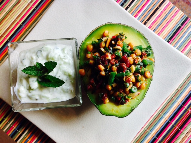 Healthy French Bean, Sundried Tomatoes and Puy Lentil Salad Served with Low Fat Greek Tztaziki