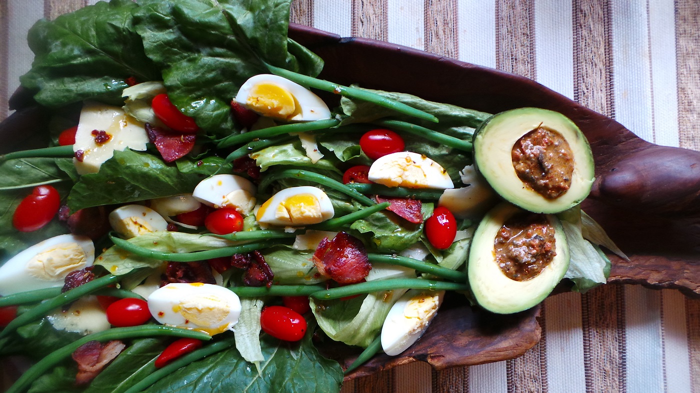 Bright Green Summer Salad with a Crushed Olive, Mustard and Sundried Tomato Dressing