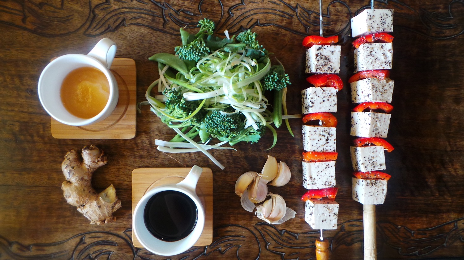 Grilled Asian Inspired Tofu Skewers with a Light Green Vegetable Stir Fry