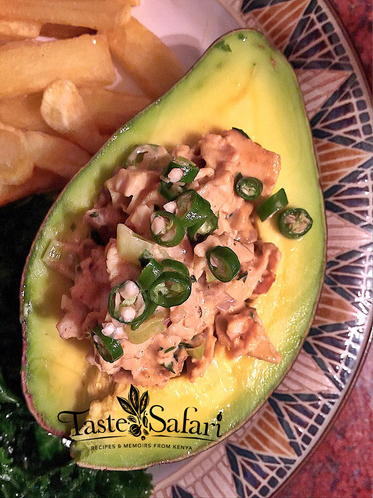 Creamy Island Style Apricot Chicken, Stuffed in Avocado & Served with a Honey Mustard Kale & Chunky Chips