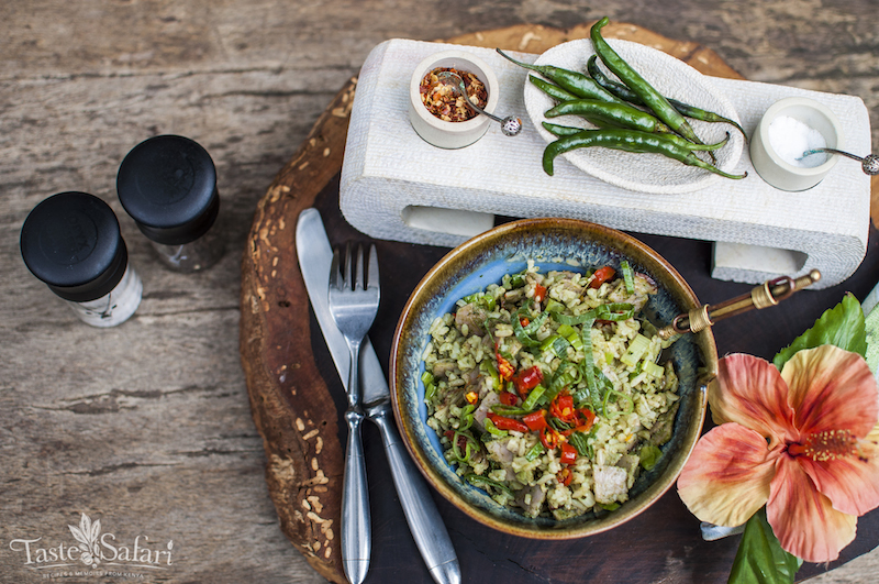 Stir fried Brown Rice with a Pesto and Smoked Ham filling