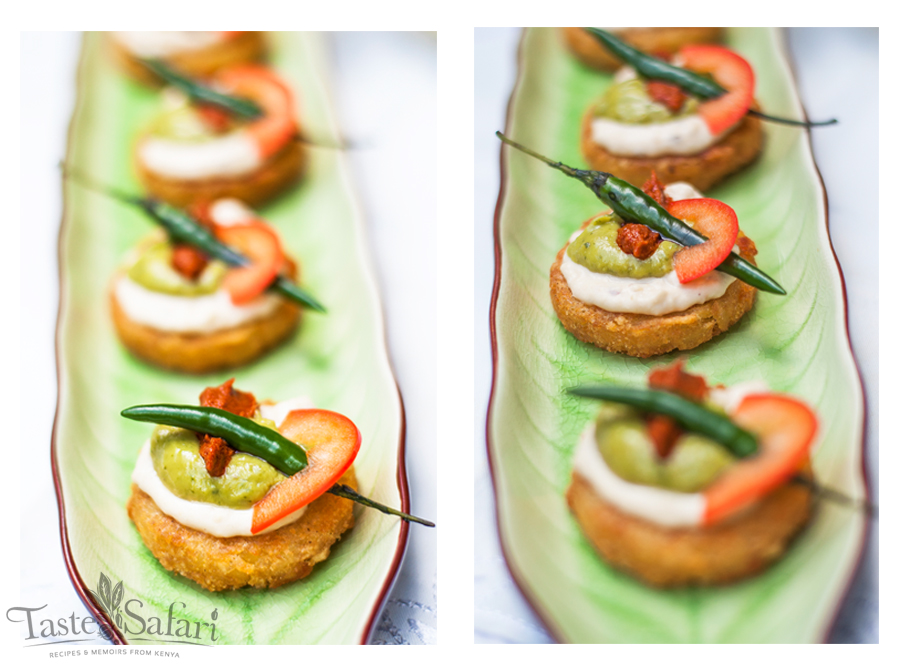 Potato Croquette Cakes with a Hummus, Guacamole and Spice topping